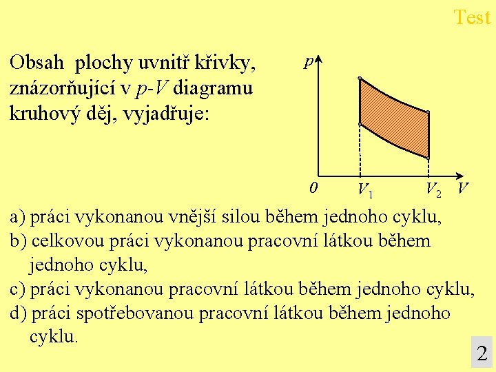 Test Obsah plochy uvnitř křivky, znázorňující v p-V diagramu kruhový děj, vyjadřuje: p 0