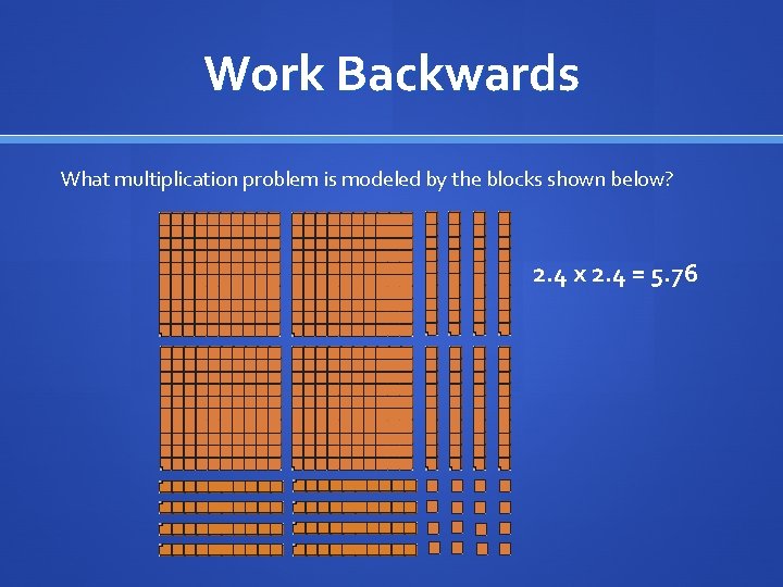 Work Backwards What multiplication problem is modeled by the blocks shown below? 2. 4