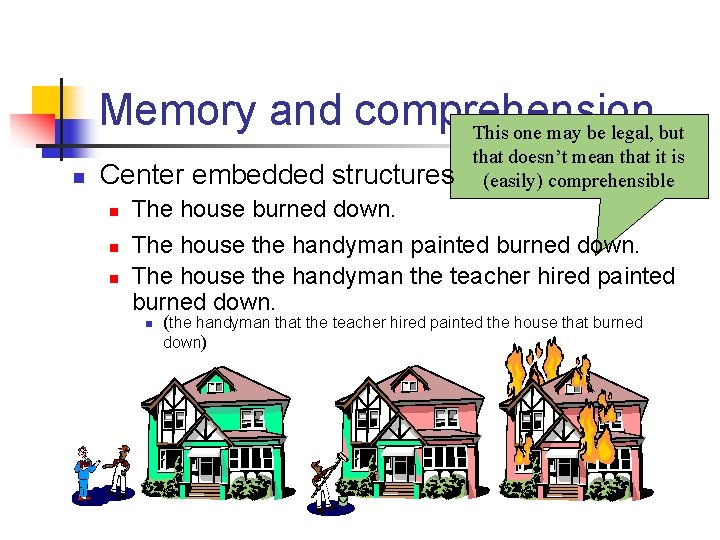 Memory and comprehension This one may be legal, but n Center embedded structures n