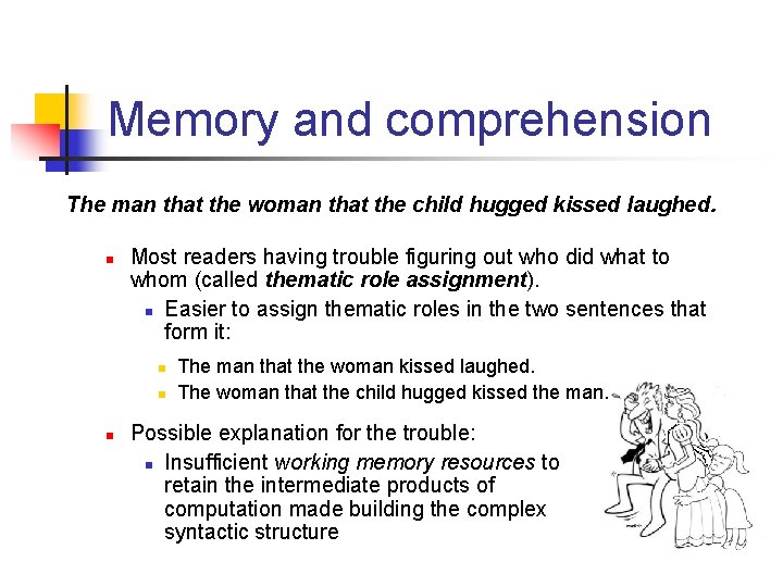 Memory and comprehension The man that the woman that the child hugged kissed laughed.