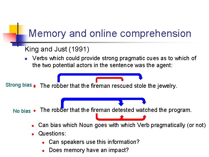 Memory and online comprehension King and Just (1991) n Verbs which could provide strong