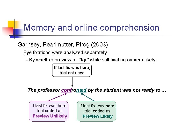 Memory and online comprehension Garnsey, Pearlmutter, Pirog (2003) Eye fixations were analyzed separately -
