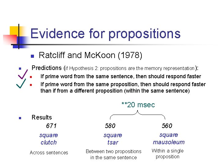 Evidence for propositions n n Ratcliff and Mc. Koon (1978) Predictions (if Hypothesis 2: