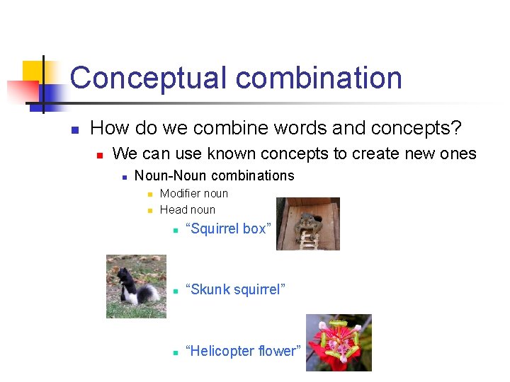 Conceptual combination n How do we combine words and concepts? n We can use