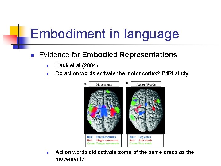 Embodiment in language n Evidence for Embodied Representations n n n Hauk et al