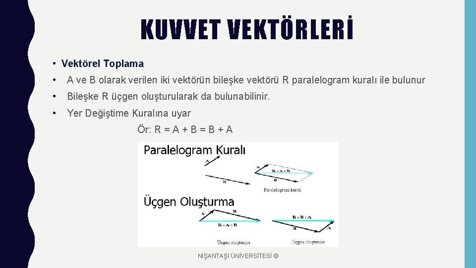 KUVVET VEKTÖRLERİ • Vektörel Toplama • A ve B olarak verilen iki vektörün bileşke