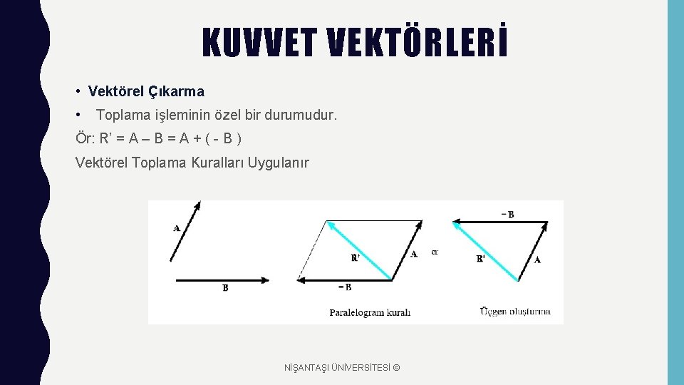 KUVVET VEKTÖRLERİ • Vektörel Çıkarma • Toplama işleminin özel bir durumudur. Ör: R’ =