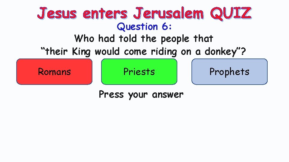 Jesus enters Jerusalem QUIZ Question 6: Who had told the people that “their King