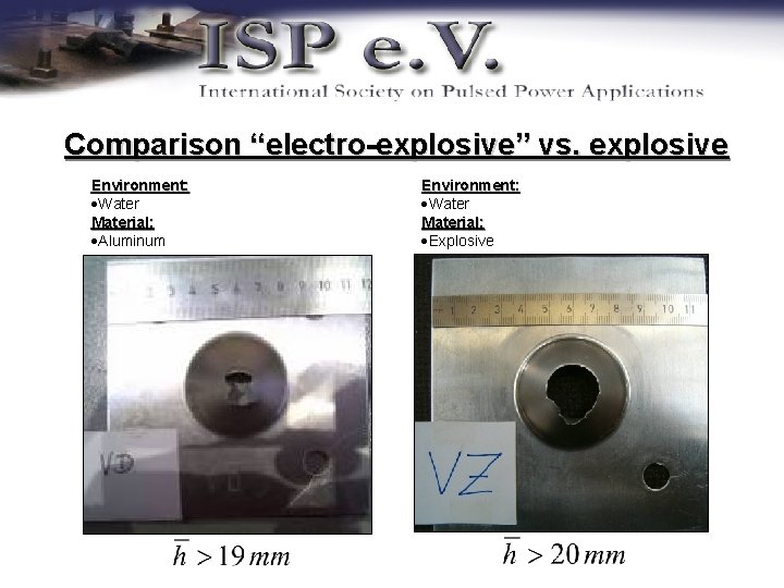 Comparison “electro-explosive” vs. explosive Environment: Water Material: Aluminum Environment: Water Material: Explosive 