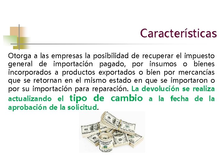 Características Otorga a las empresas la posibilidad de recuperar el impuesto general de importación