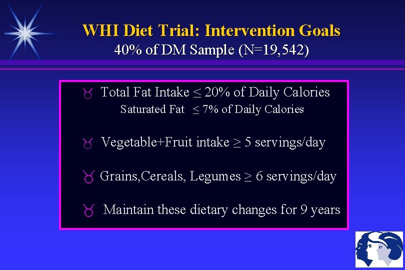 WHI Diet Trial: Intervention Goals 40% of DM Sample (N=19, 542) Total Fat Intake