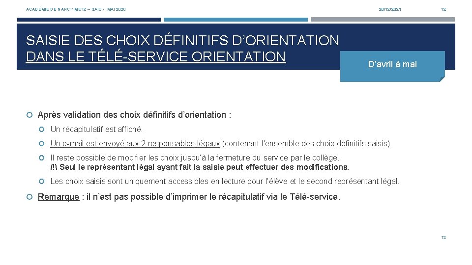 ACADÉMIE DE NANCY METZ – SAIO - MAI 2020 SAISIE DES CHOIX DÉFINITIFS D’ORIENTATION