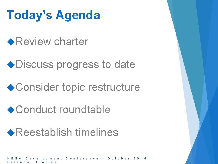 Today’s Agenda Review charter Discuss progress to date Consider Conduct topic restructure roundtable Reestablish