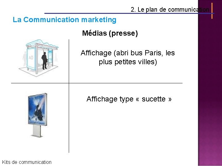 2. Le plan de communication La Communication marketing Médias (presse) Affichage (abri bus Paris,