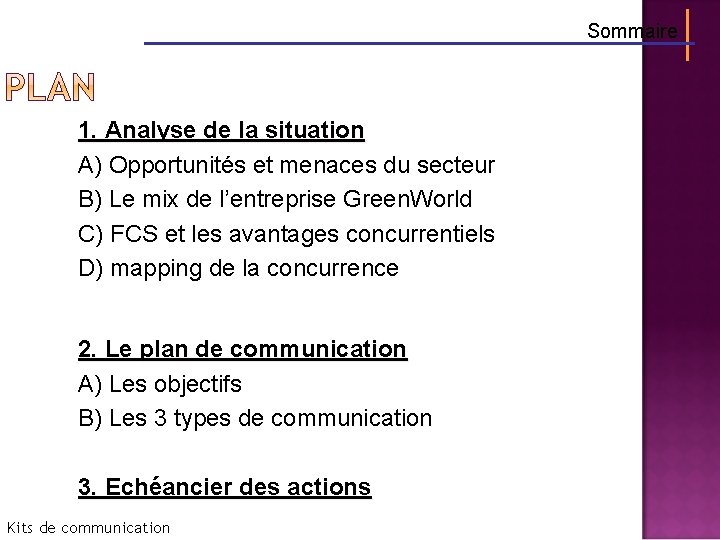 Sommaire 1. Analyse de la situation A) Opportunités et menaces du secteur B) Le