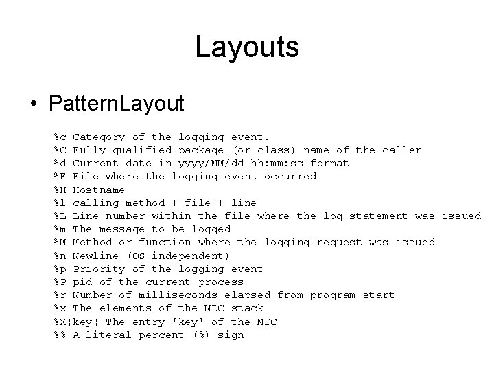 Layouts • Pattern. Layout %c Category of the logging event. %C Fully qualified package