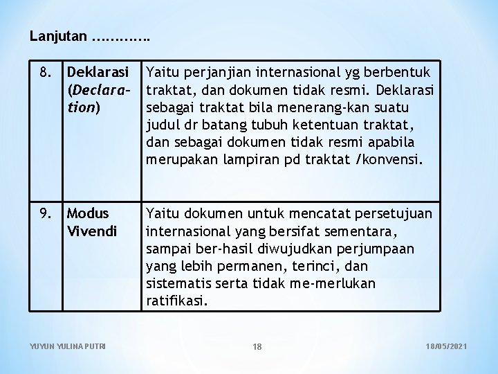 Lanjutan …………. 8. Deklarasi (Declaration) Yaitu perjanjian internasional yg berbentuk traktat, dan dokumen tidak