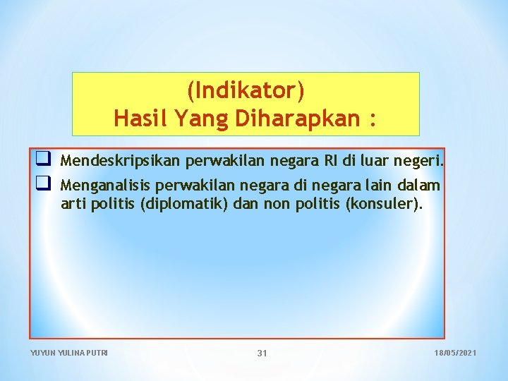 (Indikator) Hasil Yang Diharapkan : q q Mendeskripsikan perwakilan negara RI di luar negeri.