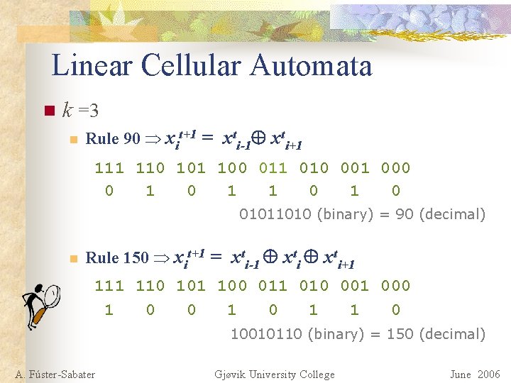 Linear Cellular Automata n k =3 n Rule 90 xit+1 = xti-1 xti+1 110