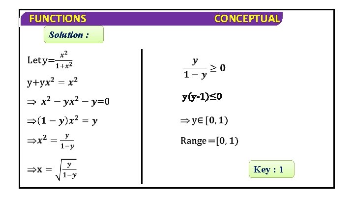 FUNCTIONS CONCEPTUAL Solution : y(y-1)≤ 0 Key : 1 