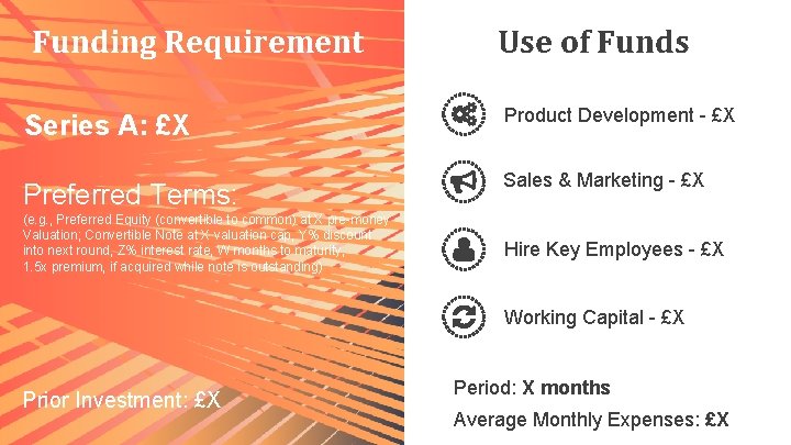 Funding Requirement Use of Funds Series A: £X Product Development - £X Preferred Terms: