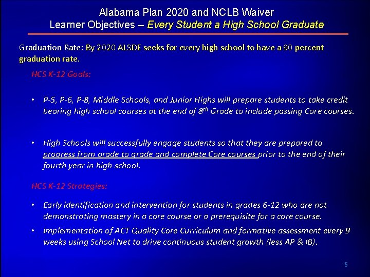 Alabama Plan 2020 and NCLB Waiver Learner Objectives – Every Student a High School