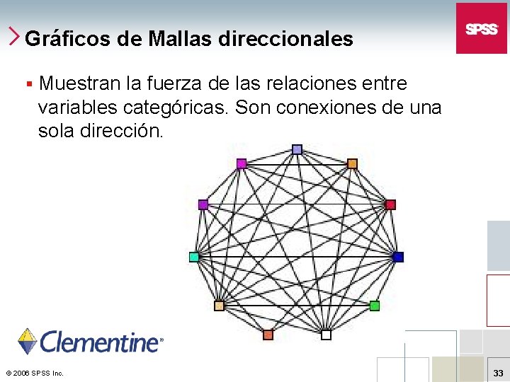 Gráficos de Mallas direccionales § Muestran la fuerza de las relaciones entre variables categóricas.