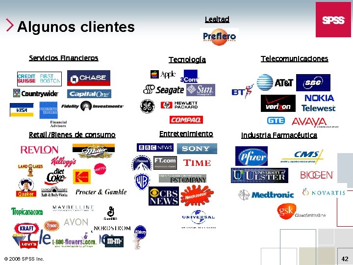 Algunos clientes Servicios Financieros Retail/Bienes de consumo © 2006 SPSS Inc. Lealtad Tecnología Entretenimiento