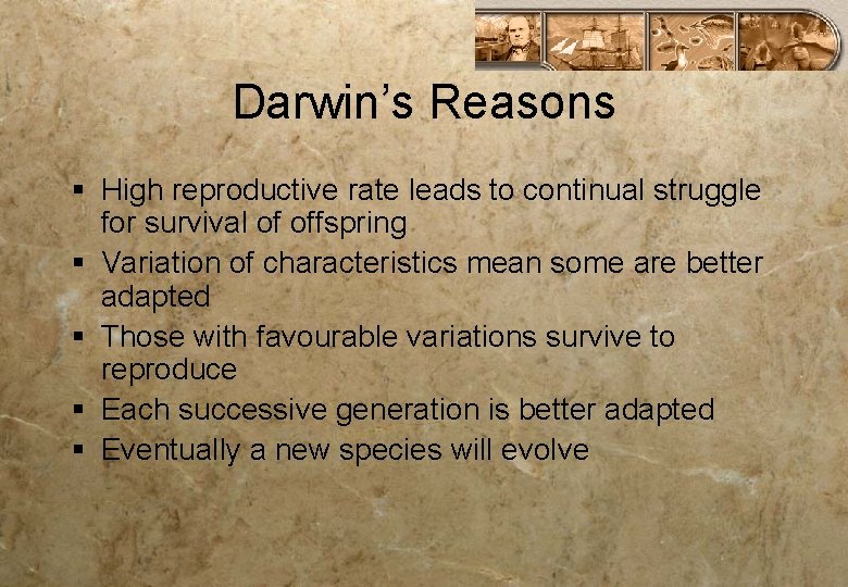 Darwin’s Reasons § High reproductive rate leads to continual struggle for survival of offspring