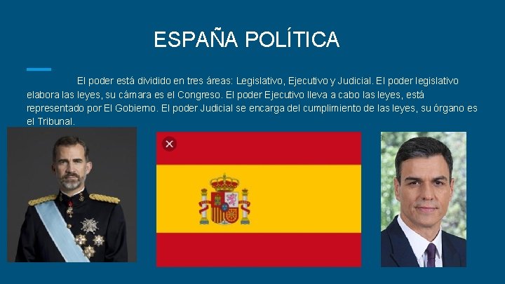 ESPAÑA POLÍTICA El poder está dividido en tres áreas: Legislativo, Ejecutivo y Judicial. El