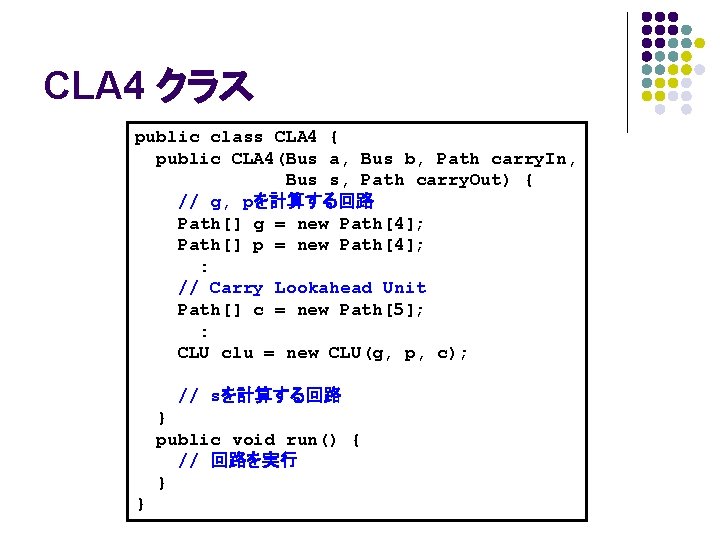 CLA 4 クラス public class CLA 4 { public CLA 4(Bus a, Bus b, CLA 4 クラス public class CLA 4 { public CLA 4(Bus a, Bus b,