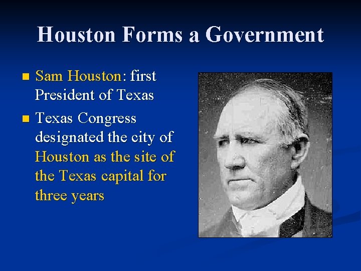 Houston Forms a Government Sam Houston: first President of Texas n Texas Congress designated