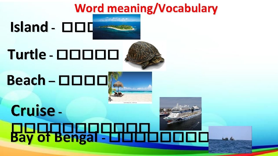 Word meaning/Vocabulary Island - ����� Turtle - ����� Beach – ���� Cruise ������ Bay