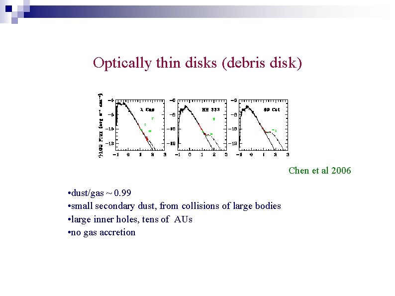 Optically thin disks (debris disk) Chen et al 2006 • dust/gas ~ 0. 99