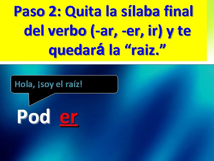 Paso 2: Quita la sílaba final del verbo (-ar, -er, ir) y te quedará