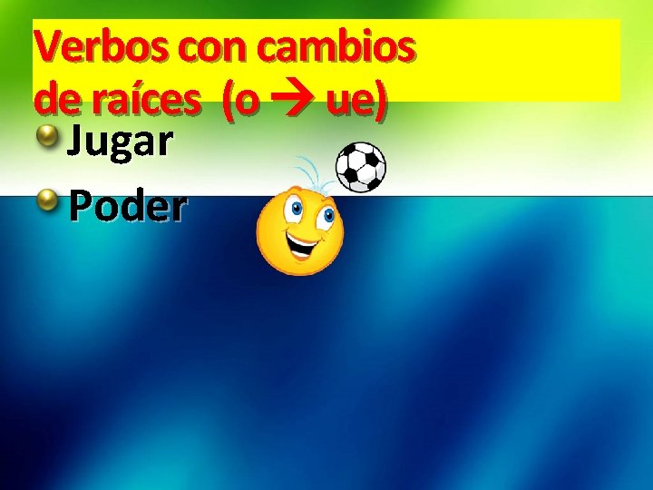 Verbos con cambios de raíces (o ue) Jugar Poder 