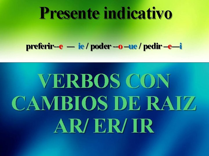 Presente indicativo preferir--e --- ie / poder --o –ue / pedir –e---i VERBOS CON