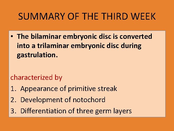 SUMMARY OF THE THIRD WEEK • The bilaminar embryonic disc is converted into a