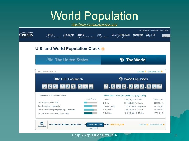 World Population http: //www. census. gov/popclock/ Chap 2 Population Envs 204 11 