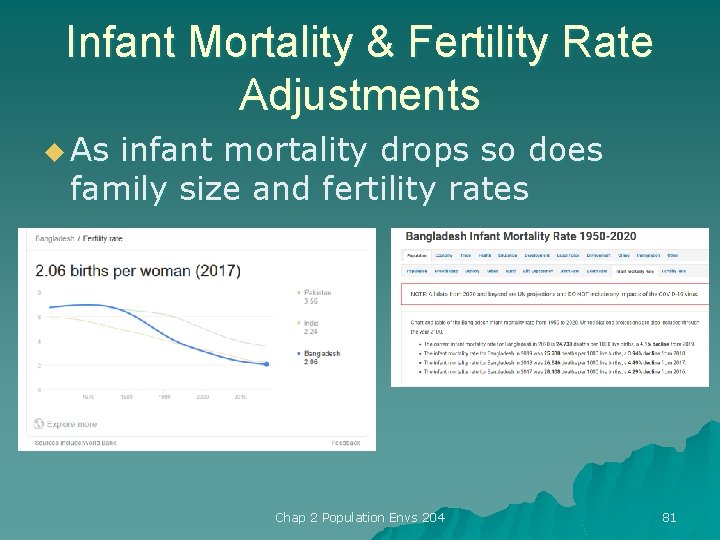 Infant Mortality & Fertility Rate Adjustments u As infant mortality drops so does family