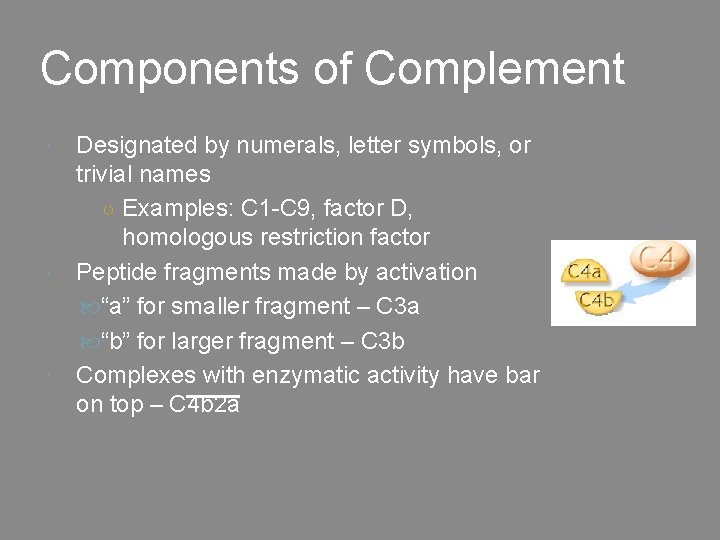 Components of Complement Designated by numerals, letter symbols, or trivial names ○ Examples: C