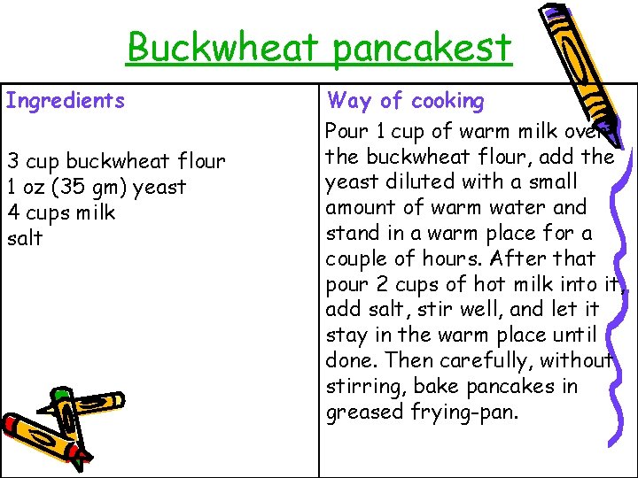 Buckwheat pancakest Ingredients 3 cup buckwheat flour 1 oz (35 gm) yeast 4 cups