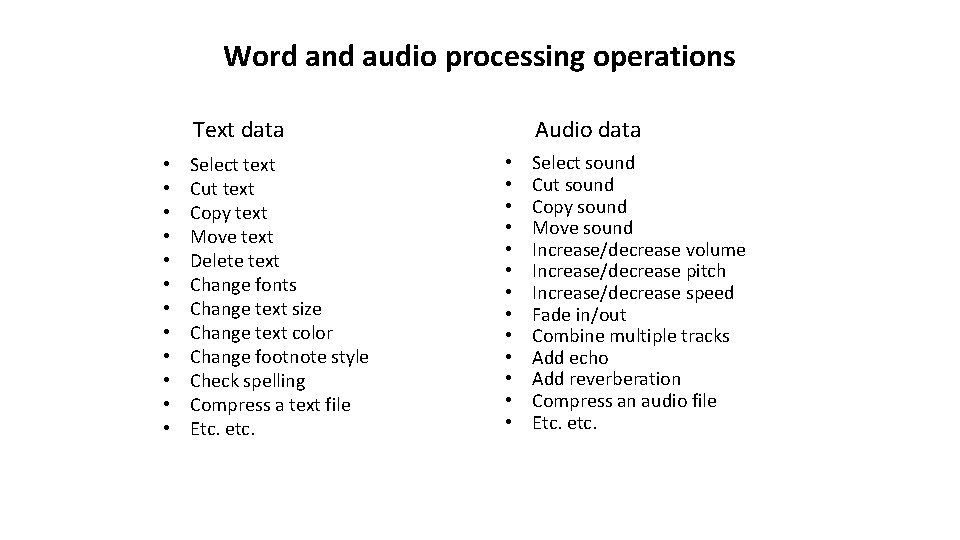 Word and audio processing operations Text data • • • Select text Cut text