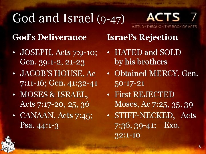 God and Israel (9 -47) God’s Deliverance Israel’s Rejection • JOSEPH, Acts 7: 9