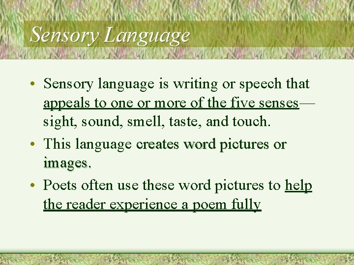 Sensory Language • Sensory language is writing or speech that appeals to one or