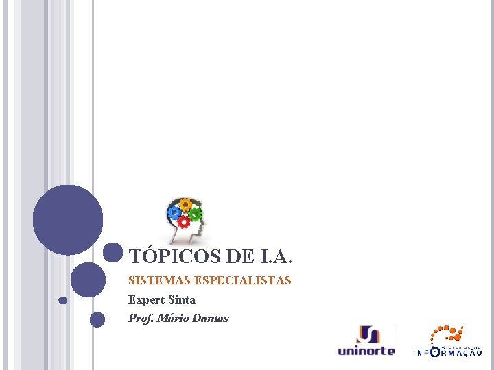 TÓPICOS DE I. A. SISTEMAS ESPECIALISTAS Expert Sinta Prof. Mário Dantas TÓPICOS DE I. A. SISTEMAS ESPECIALISTAS Expert Sinta Prof. Mário Dantas