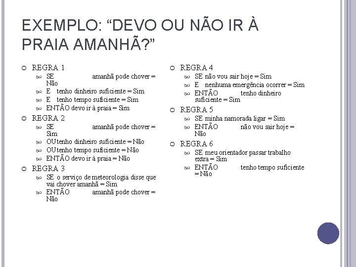EXEMPLO: “DEVO OU NÃO IR À PRAIA AMANHÃ? ” REGRA 1 SE amanhã pode EXEMPLO: “DEVO OU NÃO IR À PRAIA AMANHÃ? ” REGRA 1 SE amanhã pode