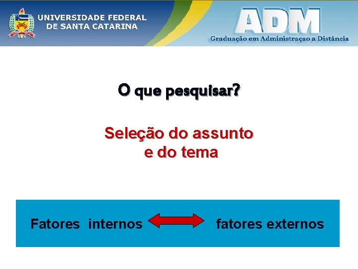 O que pesquisar? Seleção do assunto e do tema Fatores internos fatores externos 