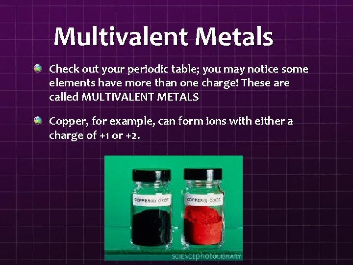 Multivalent Metals Check out your periodic table; you may notice some elements have more