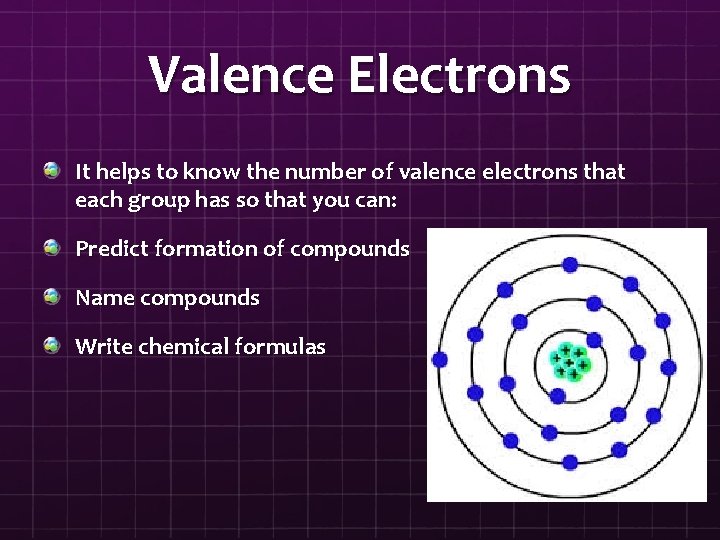 Valence Electrons It helps to know the number of valence electrons that each group